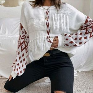 Geo Pattern Tassel Detail Drop Shoulder Sweater